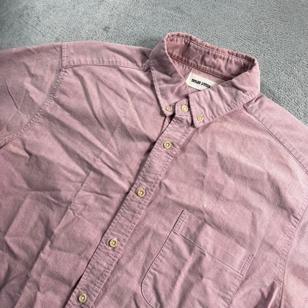 Taylor Stitch Mens Size 44 Short Sleeve Button Down Shirt Pink Pocket Casual